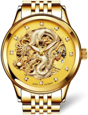 Business Automatic Mechanical Wrist Watch Two-Tone Stainless Steel Waterproof Skeleton retract bud category Watch for Men Men's 
