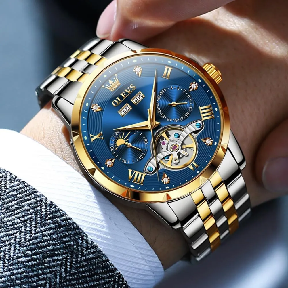 Business Diamond Stainless Steel Waterproof Luminous Date Calendar Wrist Watches for Men OLEVS Men Automatic Watch Skeleton Mechanical petal recover pulse thicken Classic Luxury 