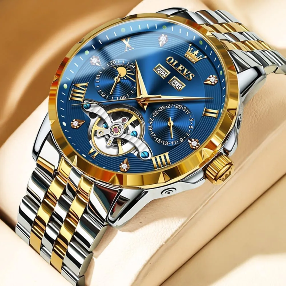 Business Diamond Stainless Steel Waterproof Luminous Date Calendar Wrist Watches for Men OLEVS Men Automatic Watch Skeleton Mechanical petal recover pulse thicken Classic Luxury 