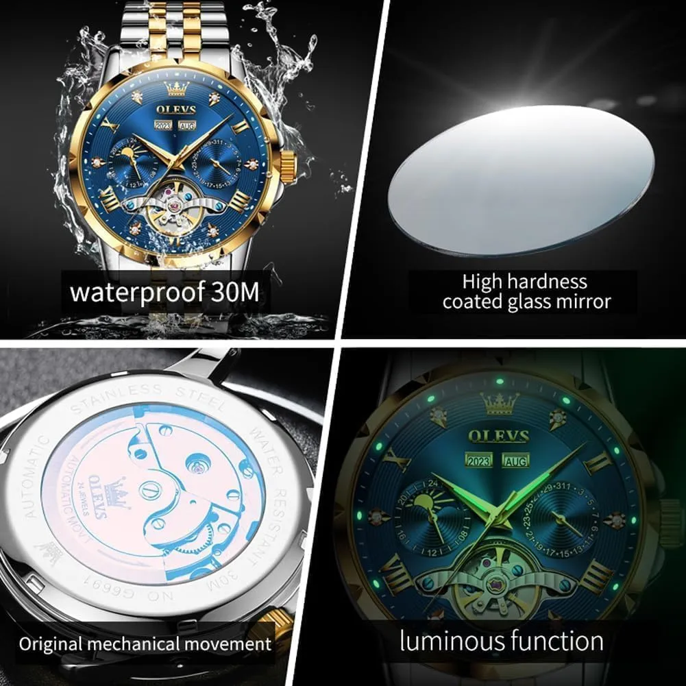 Business Diamond Stainless Steel Waterproof Luminous Date Calendar Wrist Watches for Men OLEVS Men Automatic Watch Skeleton Mechanical petal recover pulse thicken Classic Luxury 