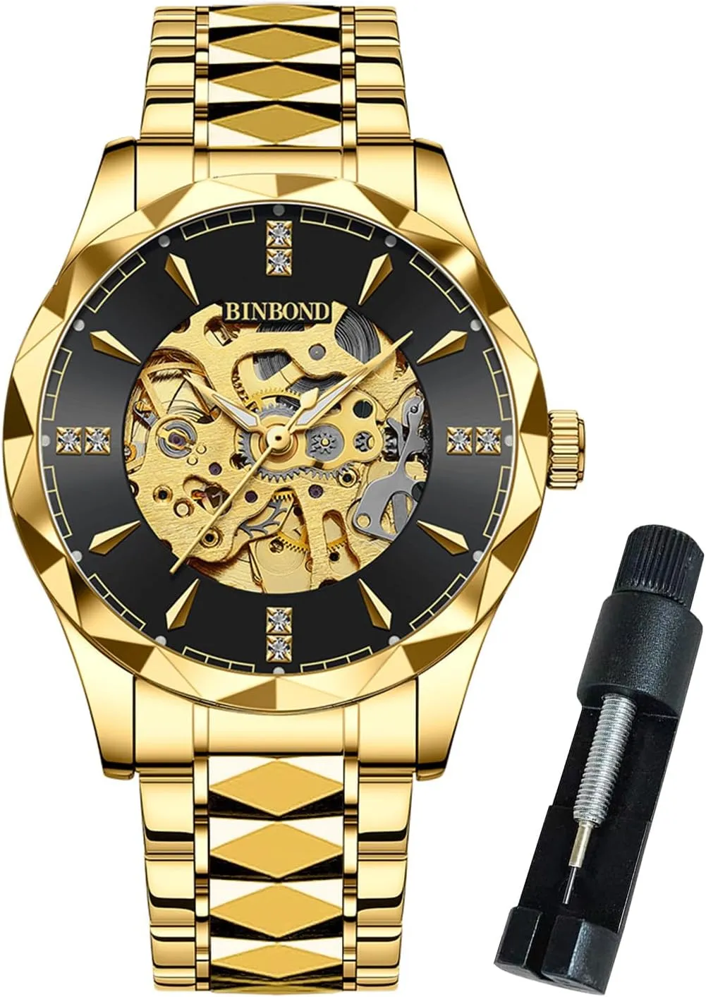 Business Dress Diamond Wrist Watches Waterproof Luminous Mens Gold Skeleton Watches Automatic Mechanical Self groom Winding Stainless Steel Luxury 