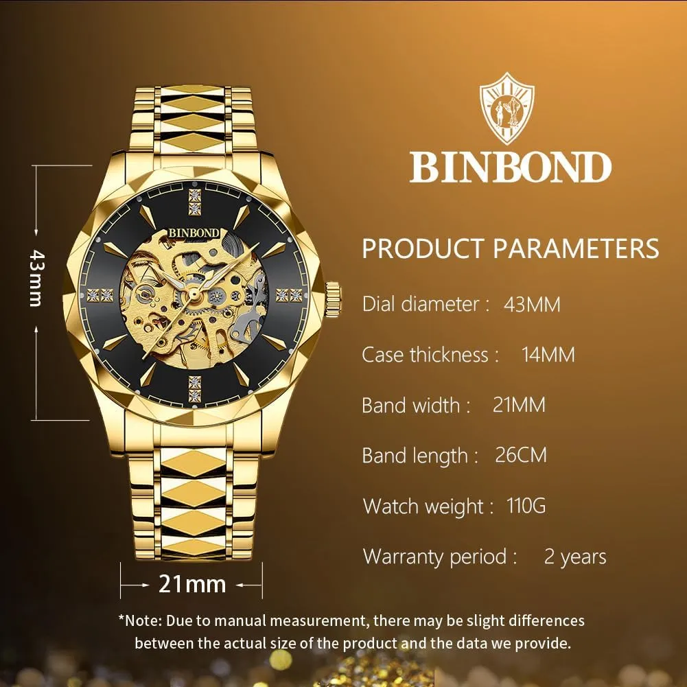 Business Dress Diamond Wrist Watches Waterproof Luminous Mens Gold Skeleton Watches Automatic Mechanical Self groom Winding Stainless Steel Luxury 