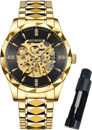 Business Dress Diamond Wrist Watches Waterproof Luminous Mens Gold Skeleton Watches Automatic Mechanical Self groom Winding Stainless Steel Luxury 