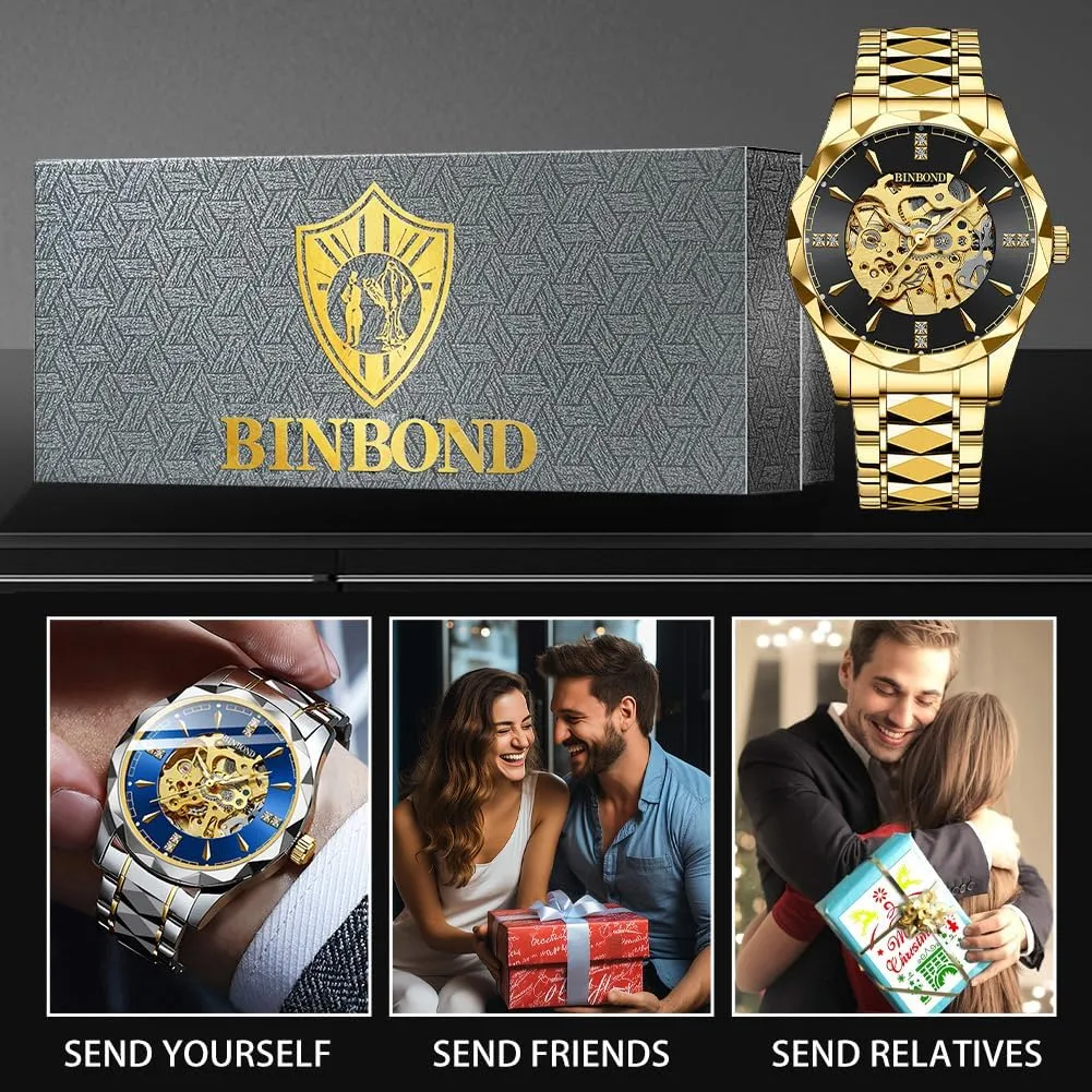 Business Dress Diamond Wrist Watches Waterproof Luminous Mens Gold Skeleton Watches Automatic Mechanical Self groom Winding Stainless Steel Luxury 