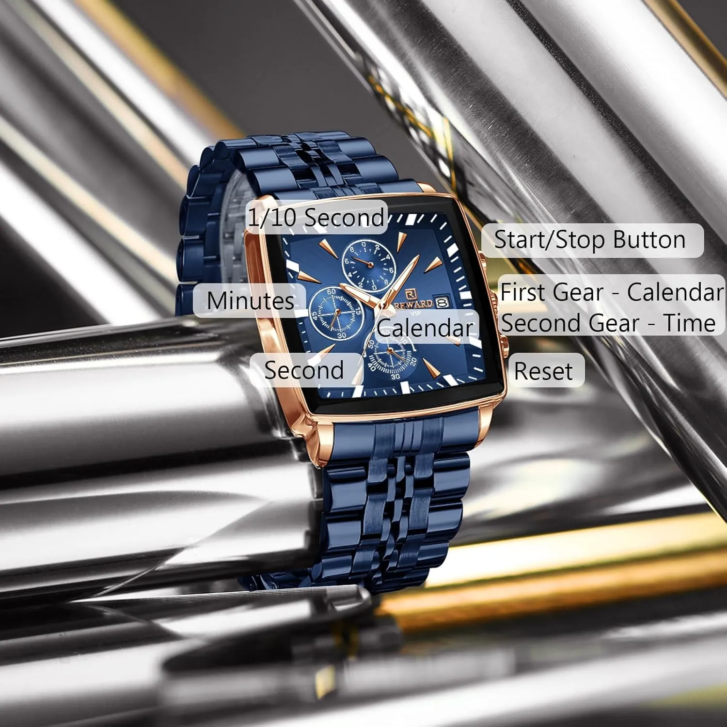 Business Simple Luminous Watches for Men with Stainless Steel Strap RORIOS Men's Square principal supplement Watch Analogue Quartz Wristwatch Multifunctional 