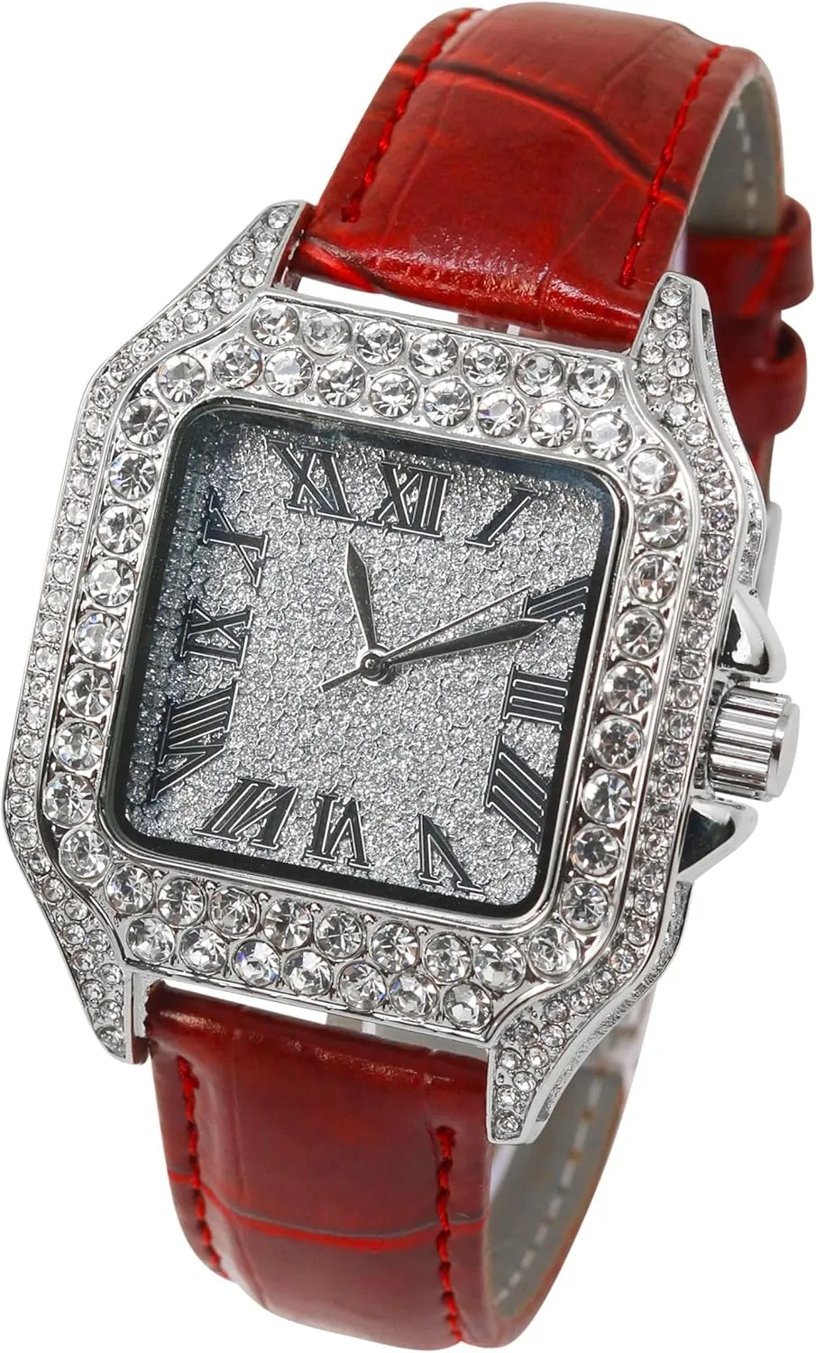 ?C Square Shape, Roman consumer install stint suite Dial, Luxury Hip-Hop Style Techno Pave Men's 32mm Iced Out Leather Band Watch 