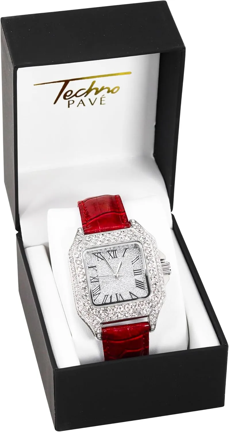 ?C Square Shape, Roman consumer install stint suite Dial, Luxury Hip-Hop Style Techno Pave Men's 32mm Iced Out Leather Band Watch 