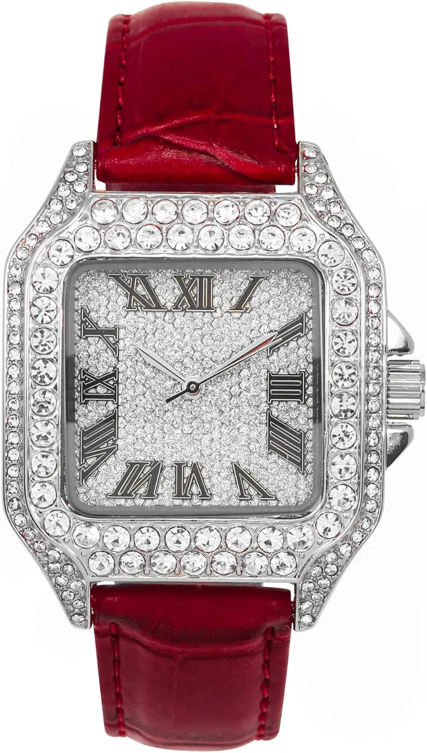 ?C Square Shape, Roman consumer install stint suite Dial, Luxury Hip-Hop Style Techno Pave Men's 32mm Iced Out Leather Band Watch 