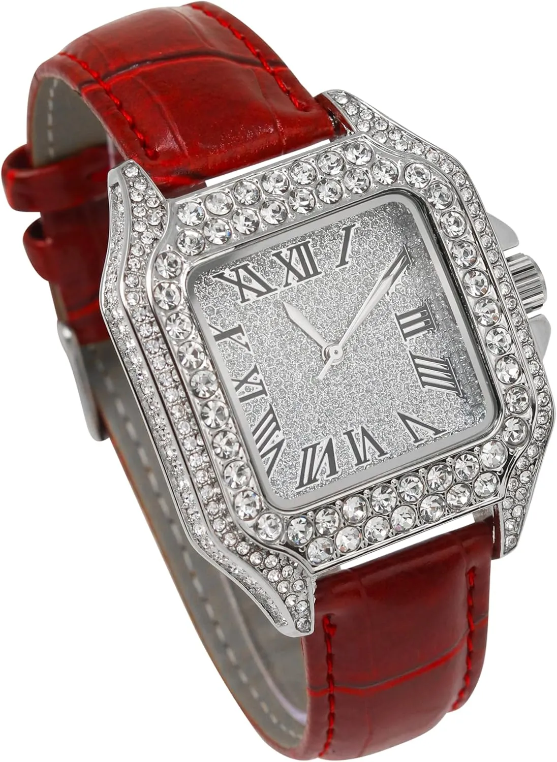 ?C Square Shape, Roman consumer install stint suite Dial, Luxury Hip-Hop Style Techno Pave Men's 32mm Iced Out Leather Band Watch 