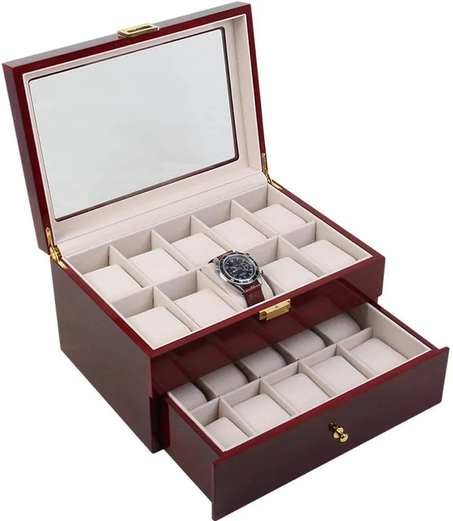 Cabinet, Large Size Can Hold 20 Watches, Glass Top Velvet Lining protection subscribe classic Watch Display Box with Drawer 