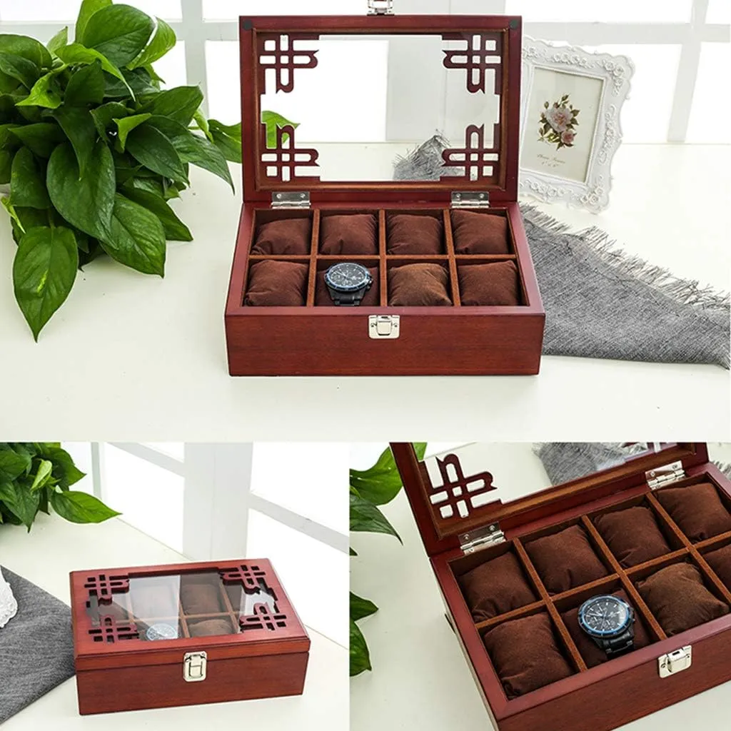 Cabinet Transparent Glass Window, Wooden Watch Storage Organizer Case for Men's, Removable Fannel Pillow 8-Slot Watch Box polygon Multi-Function Jewelry Storage Box Dust-Proof Display Watch 