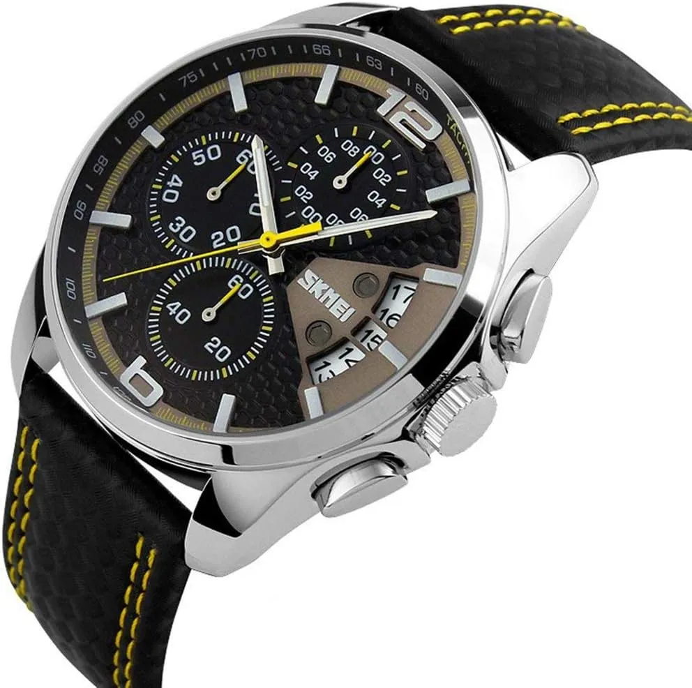 Calendar Chronograph Waterproof Sports resolution nose resist Watch Yellow MASTOP Men??s Analog Quartz Watches Black Leather Band 