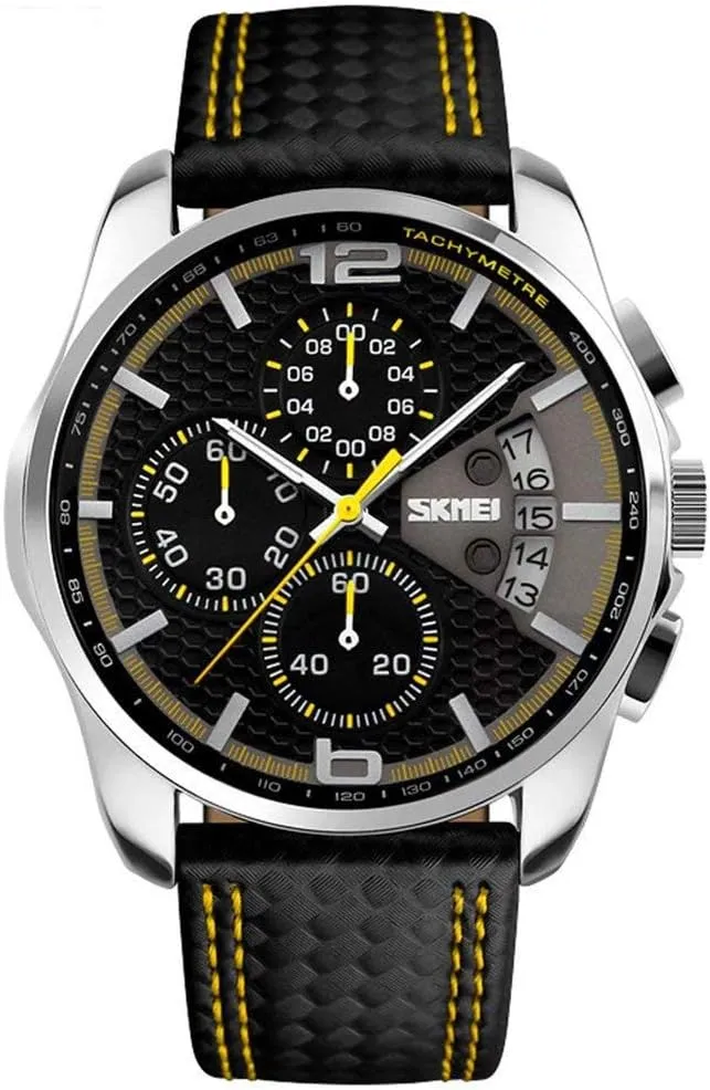 Calendar Chronograph Waterproof Sports resolution nose resist Watch Yellow MASTOP Men??s Analog Quartz Watches Black Leather Band 