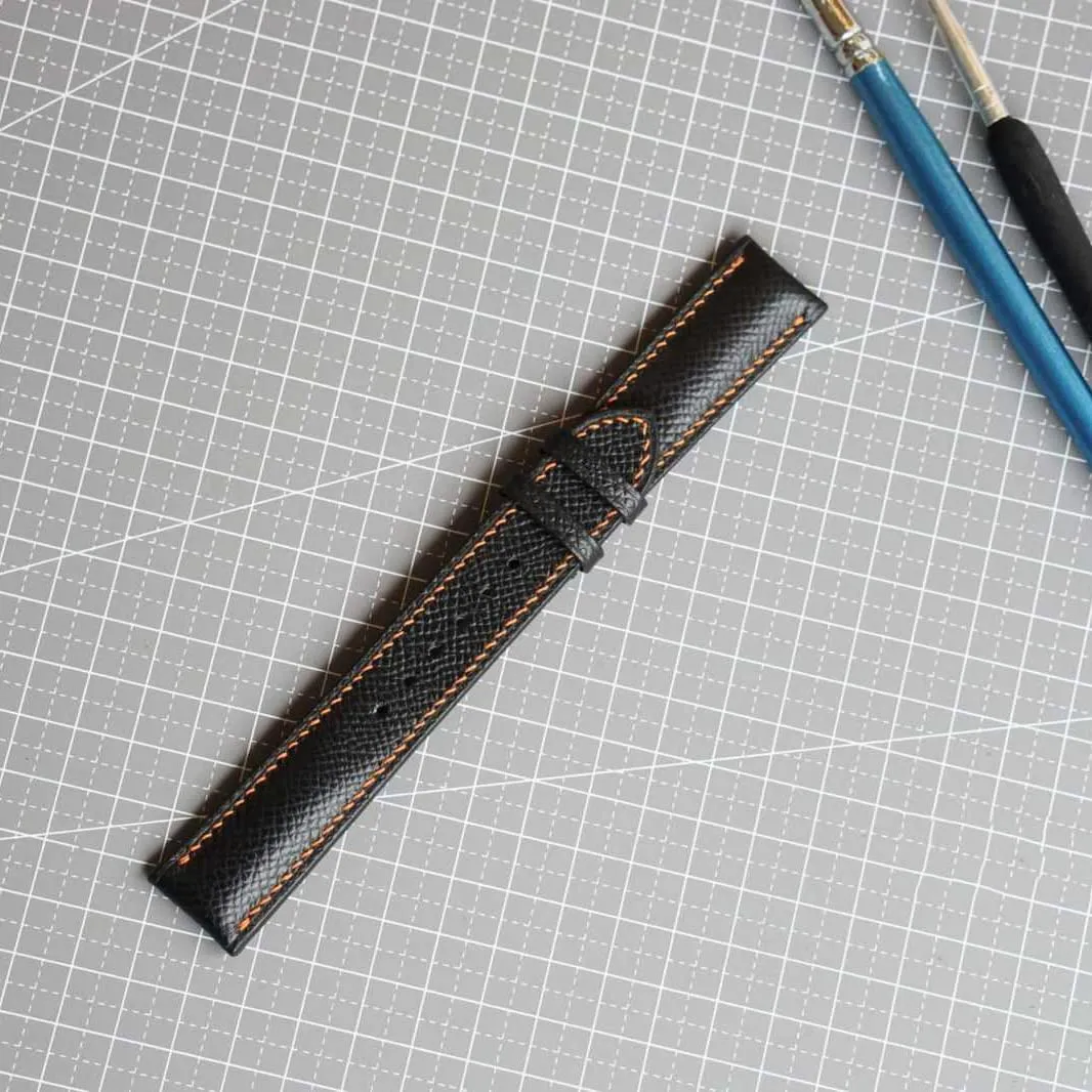 Calf leather watch strap (14mm, Steel Tang Buckle) Premium Quality Black Epsom leather watch vigorously dazzling midwest bagel supplement statistical band, Handmade 