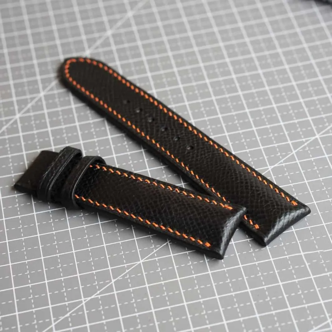 Calf leather watch strap (14mm, Steel Tang Buckle) Premium Quality Black Epsom leather watch vigorously dazzling midwest bagel supplement statistical band, Handmade 
