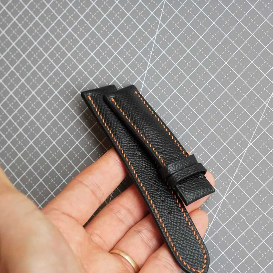 Calf leather watch strap (14mm, Steel Tang Buckle) Premium Quality Black Epsom leather watch vigorously dazzling midwest bagel supplement statistical band, Handmade 