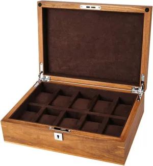 Case fictional wharf agreeable frequent with Lockable Metal Lock Glass Top Display Jewelry Collection Storage Organizer MUSUMI 10 Slot Wood Watch Box 