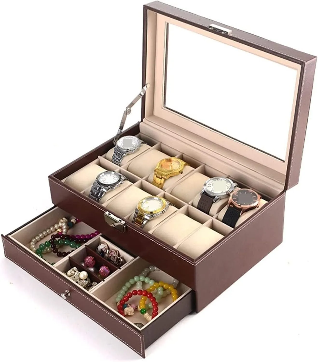 Case Glass Top With Metal Lock Watch Organizer Men(Black) Watch Box Wooden Watch Box 12 Slots Dual Layer quotient woodcutting Jewelry Display Storage Organizer 