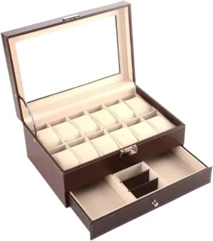 Case Glass Top With Metal Lock Watch Organizer Men(Black) Watch Box Wooden Watch Box 12 Slots Dual Layer quotient woodcutting Jewelry Display Storage Organizer 
