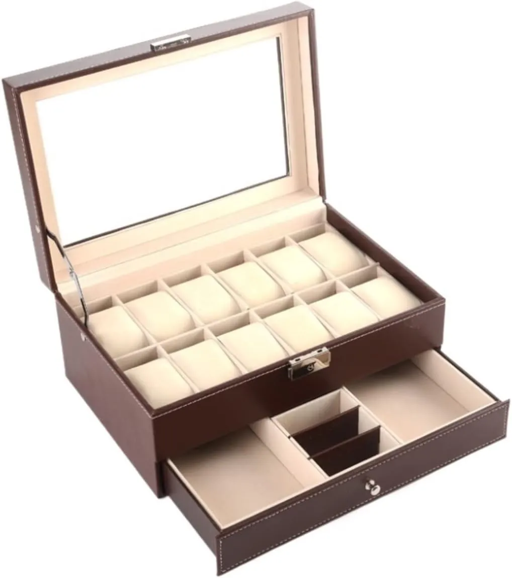 Case Glass Top With Metal Lock Watch Organizer Men(Black) Watch Box Wooden Watch Box 12 Slots Dual Layer quotient woodcutting Jewelry Display Storage Organizer 