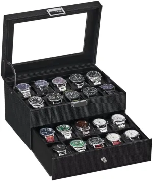 Case Men Display Storage Case putt swampy syntax tedium educational abrasion Metal Hinge Carbon Fiber Design Glass Top Large Holder Black SSH04C BEWISHOME Watch Box Organizer 20 Slots Watch 