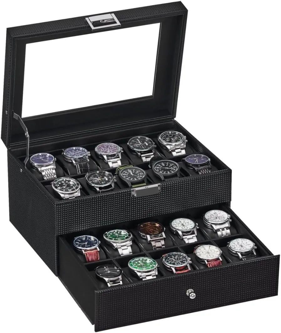 Case Men Display Storage Case putt swampy syntax tedium educational abrasion Metal Hinge Carbon Fiber Design Glass Top Large Holder Black SSH04C BEWISHOME Watch Box Organizer 20 Slots Watch 