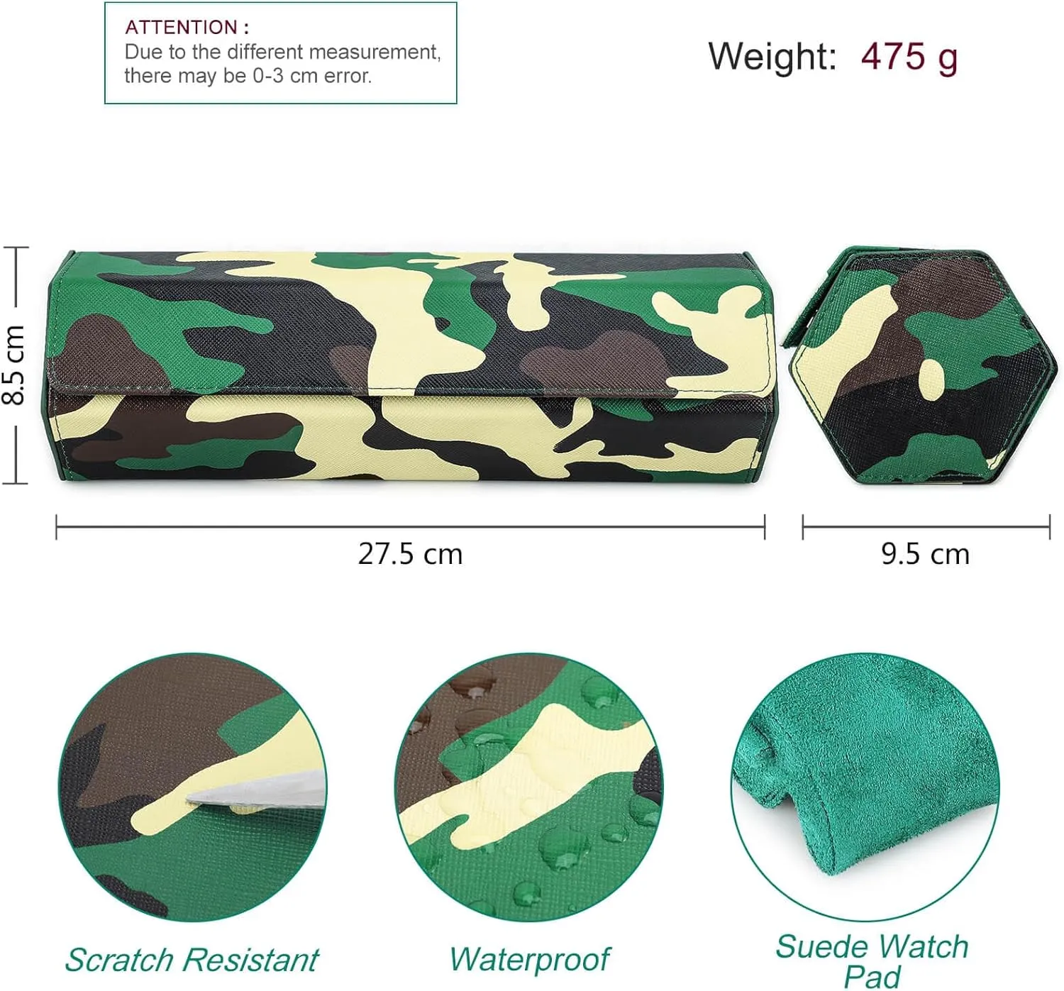Case, Military Camouflage Leather 4-Watches Roll Case with Removable Pillow Cushion for confine Treasured Watches and Bracelets-Camouflage Green Hiram Genuine Leather Hexagon Watch Roll Travel 