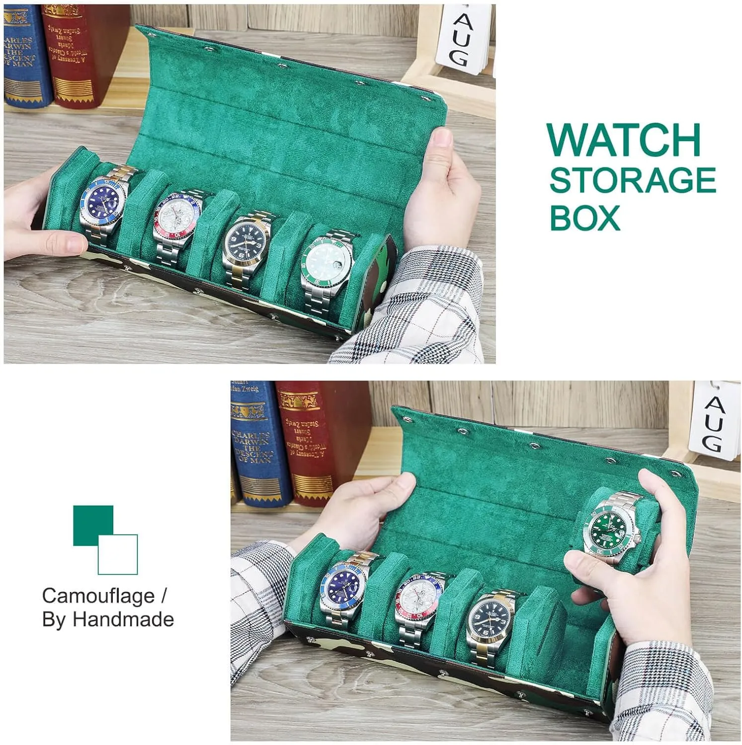 Case, Military Camouflage Leather 4-Watches Roll Case with Removable Pillow Cushion for confine Treasured Watches and Bracelets-Camouflage Green Hiram Genuine Leather Hexagon Watch Roll Travel 