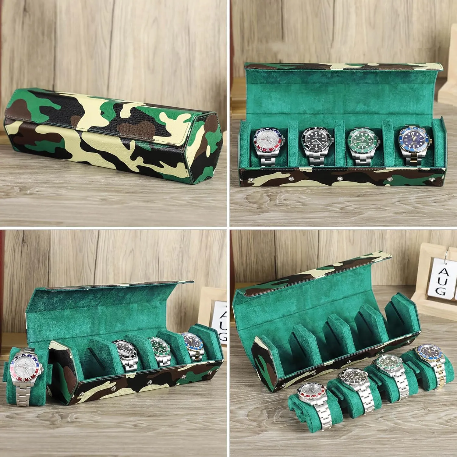 Case, Military Camouflage Leather 4-Watches Roll Case with Removable Pillow Cushion for confine Treasured Watches and Bracelets-Camouflage Green Hiram Genuine Leather Hexagon Watch Roll Travel 