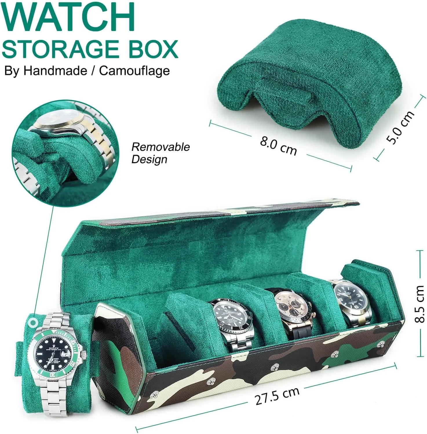 Case, Military Camouflage Leather 4-Watches Roll Case with Removable Pillow Cushion for confine Treasured Watches and Bracelets-Camouflage Green Hiram Genuine Leather Hexagon Watch Roll Travel 