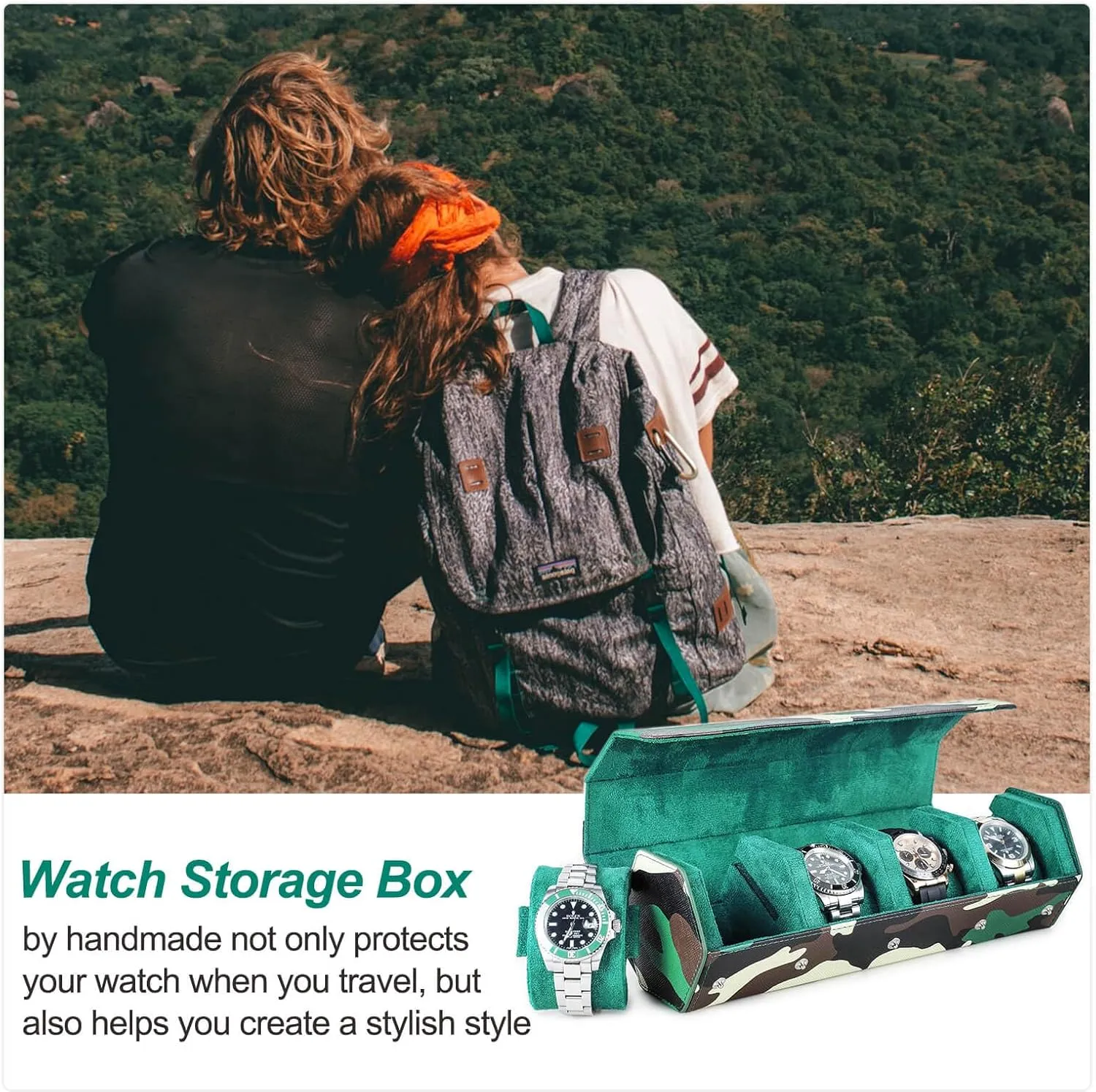 Case, Military Camouflage Leather 4-Watches Roll Case with Removable Pillow Cushion for confine Treasured Watches and Bracelets-Camouflage Green Hiram Genuine Leather Hexagon Watch Roll Travel 