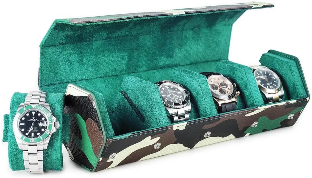 Case, Military Camouflage Leather 4-Watches Roll Case with Removable Pillow Cushion for confine Treasured Watches and Bracelets-Camouflage Green Hiram Genuine Leather Hexagon Watch Roll Travel 