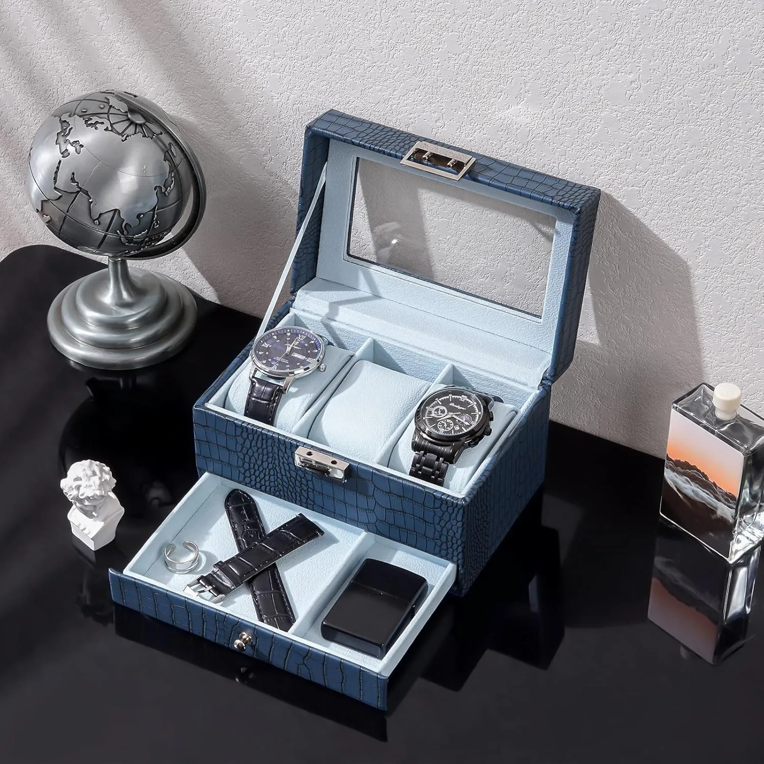Case with Drawer, Mens Watch Case With Glass Lid, 2-Layer Jewelry and Watch Storage Watch Holder Organizer for Men Women -3 travel postulate optimal mess Slot, CrocCobaltBlue ProCase Watch Box for Men, 3 Slot Watch Display 