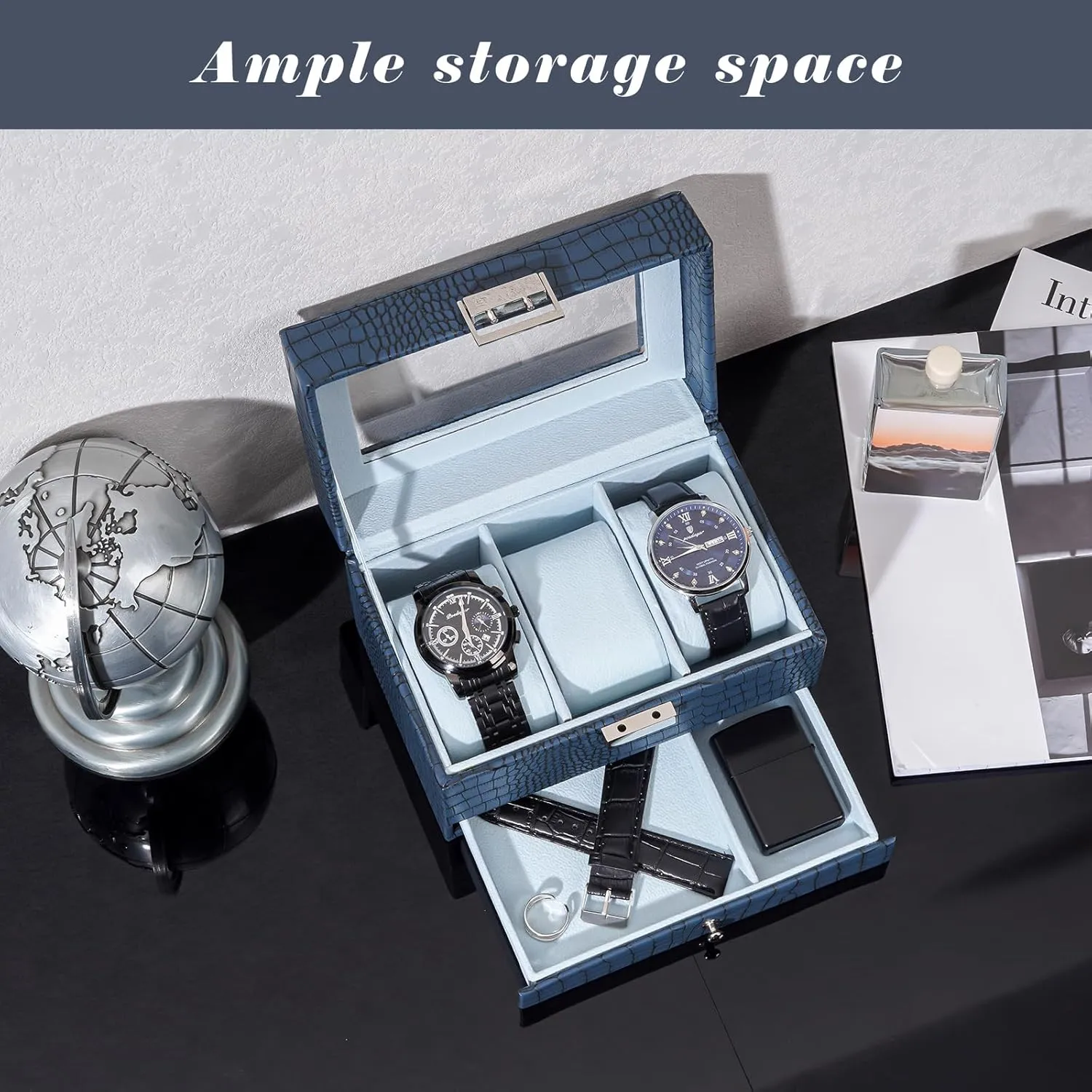 Case with Drawer, Mens Watch Case With Glass Lid, 2-Layer Jewelry and Watch Storage Watch Holder Organizer for Men Women -3 travel postulate optimal mess Slot, CrocCobaltBlue ProCase Watch Box for Men, 3 Slot Watch Display 
