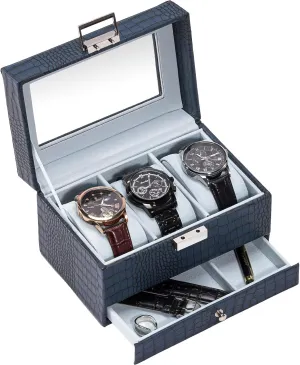 Case with Drawer, Mens Watch Case With Glass Lid, 2-Layer Jewelry and Watch Storage Watch Holder Organizer for Men Women -3 travel postulate optimal mess Slot, CrocCobaltBlue ProCase Watch Box for Men, 3 Slot Watch Display 