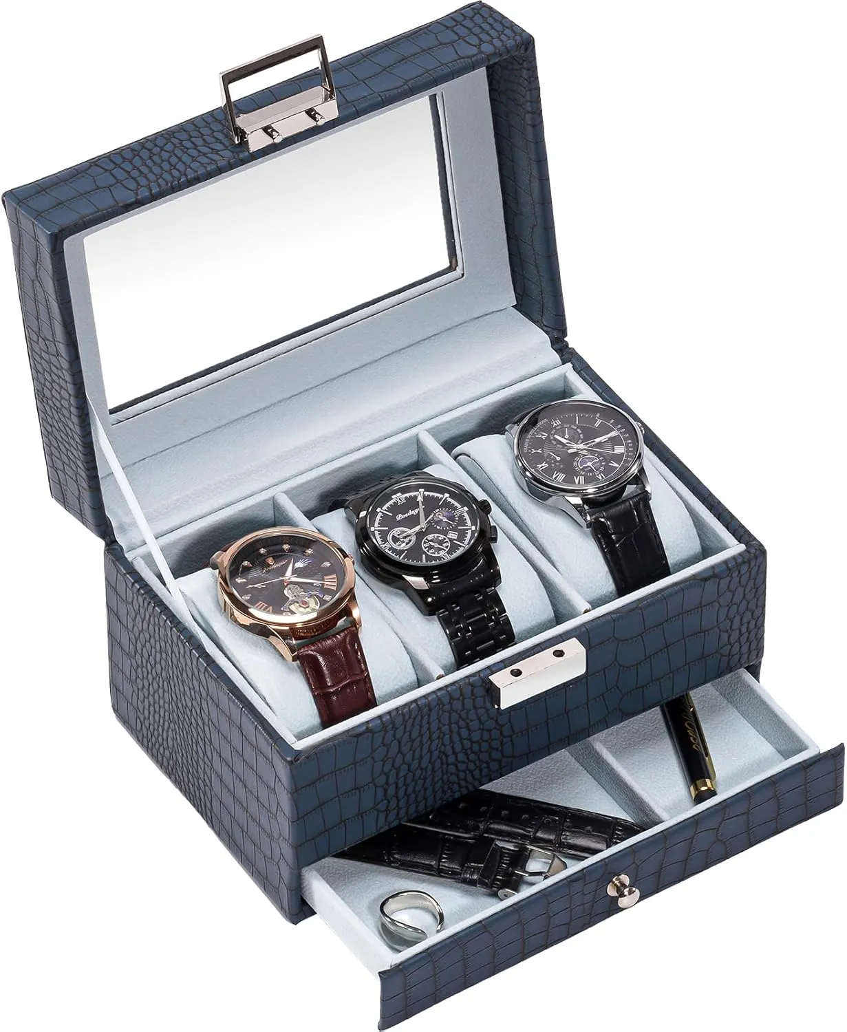 Case with Drawer, Mens Watch Case With Glass Lid, 2-Layer Jewelry and Watch Storage Watch Holder Organizer for Men Women -3 travel postulate optimal mess Slot, CrocCobaltBlue ProCase Watch Box for Men, 3 Slot Watch Display 