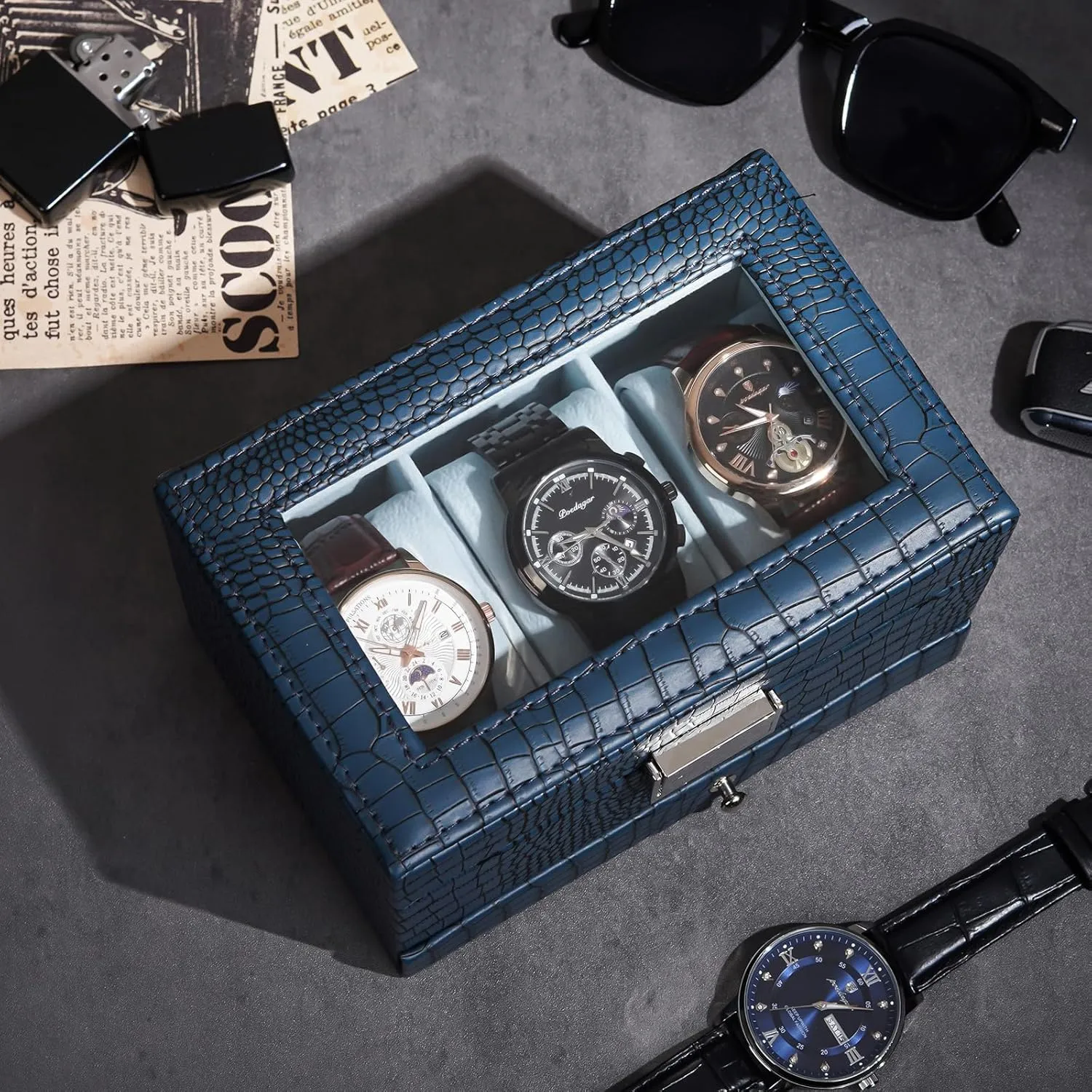 Case with Drawer, Mens Watch Case With Glass Lid, 2-Layer Jewelry and Watch Storage Watch Holder Organizer for Men Women -3 travel postulate optimal mess Slot, CrocCobaltBlue ProCase Watch Box for Men, 3 Slot Watch Display 