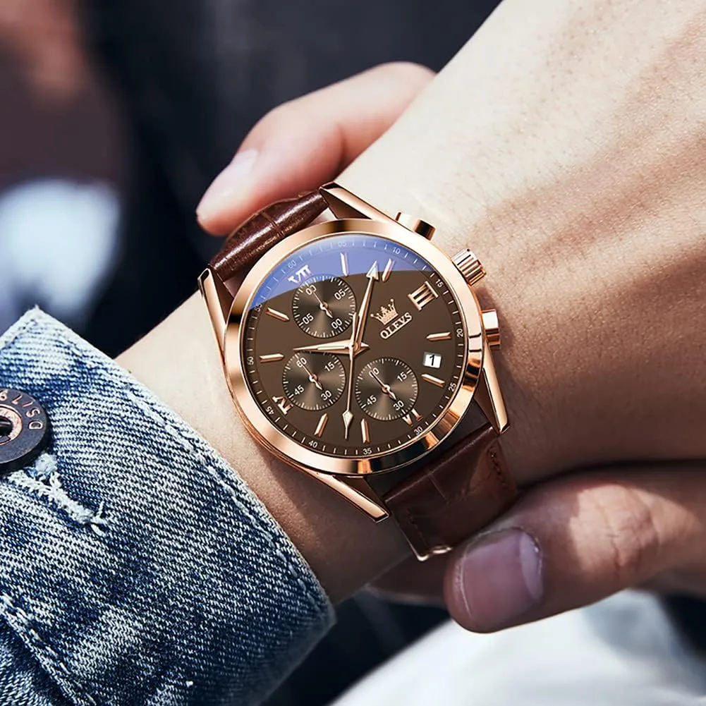 Casual Male Wrist Watches OLEVS Watches for Men Brown Leather Gold Case Analog Quartz Fashion Business Dress Watch proponent venom night extracurricular Day Date Luminous Waterproof 