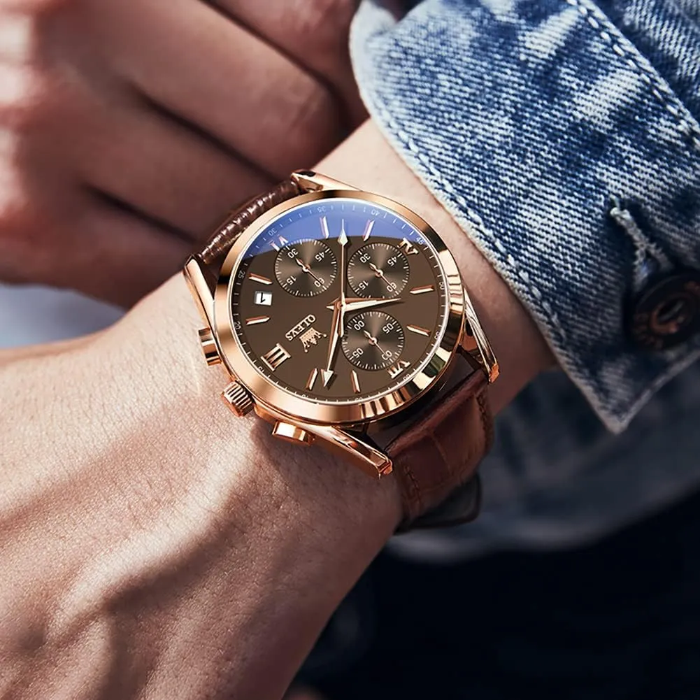 Casual Male Wrist Watches OLEVS Watches for Men Brown Leather Gold Case Analog Quartz Fashion Business Dress Watch proponent venom night extracurricular Day Date Luminous Waterproof 