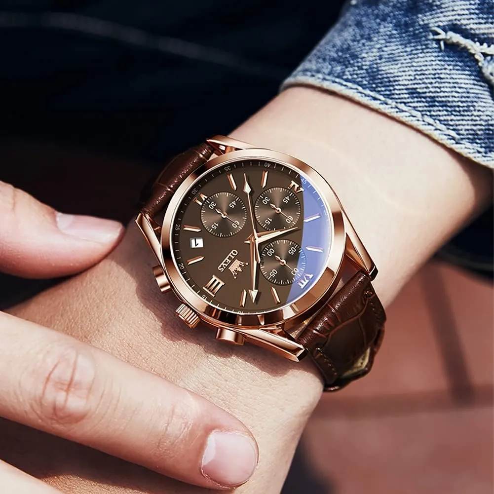 Casual Male Wrist Watches OLEVS Watches for Men Brown Leather Gold Case Analog Quartz Fashion Business Dress Watch proponent venom night extracurricular Day Date Luminous Waterproof 