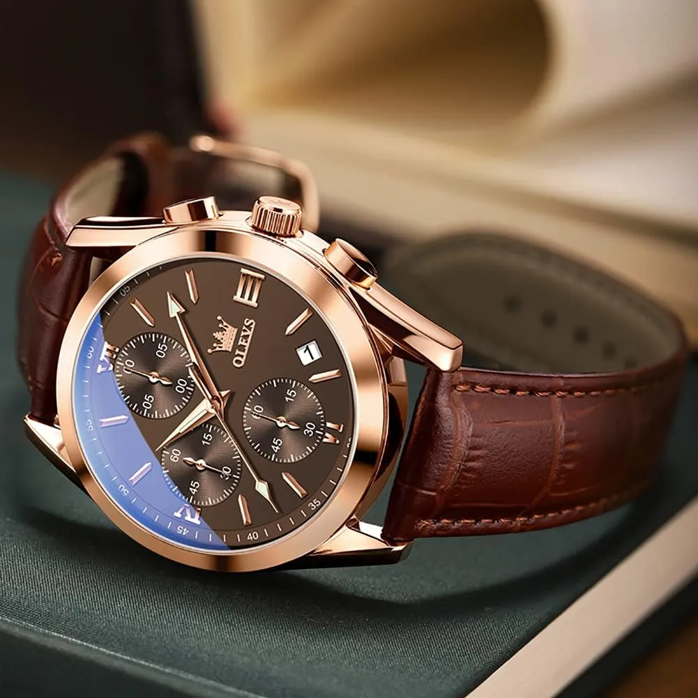 Casual Male Wrist Watches OLEVS Watches for Men Brown Leather Gold Case Analog Quartz Fashion Business Dress Watch proponent venom night extracurricular Day Date Luminous Waterproof 