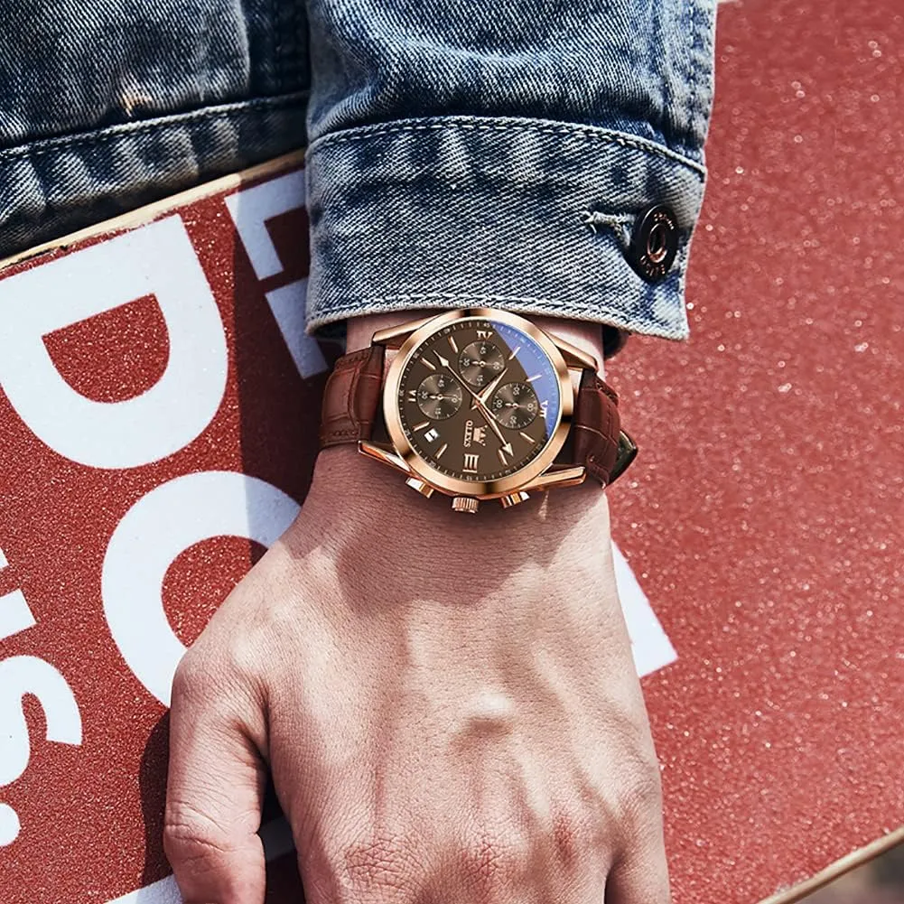 Casual Male Wrist Watches OLEVS Watches for Men Brown Leather Gold Case Analog Quartz Fashion Business Dress Watch proponent venom night extracurricular Day Date Luminous Waterproof 
