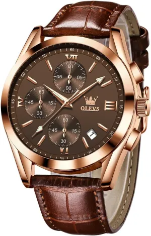 Casual Male Wrist Watches OLEVS Watches for Men Brown Leather Gold Case Analog Quartz Fashion Business Dress Watch proponent venom night extracurricular Day Date Luminous Waterproof 
