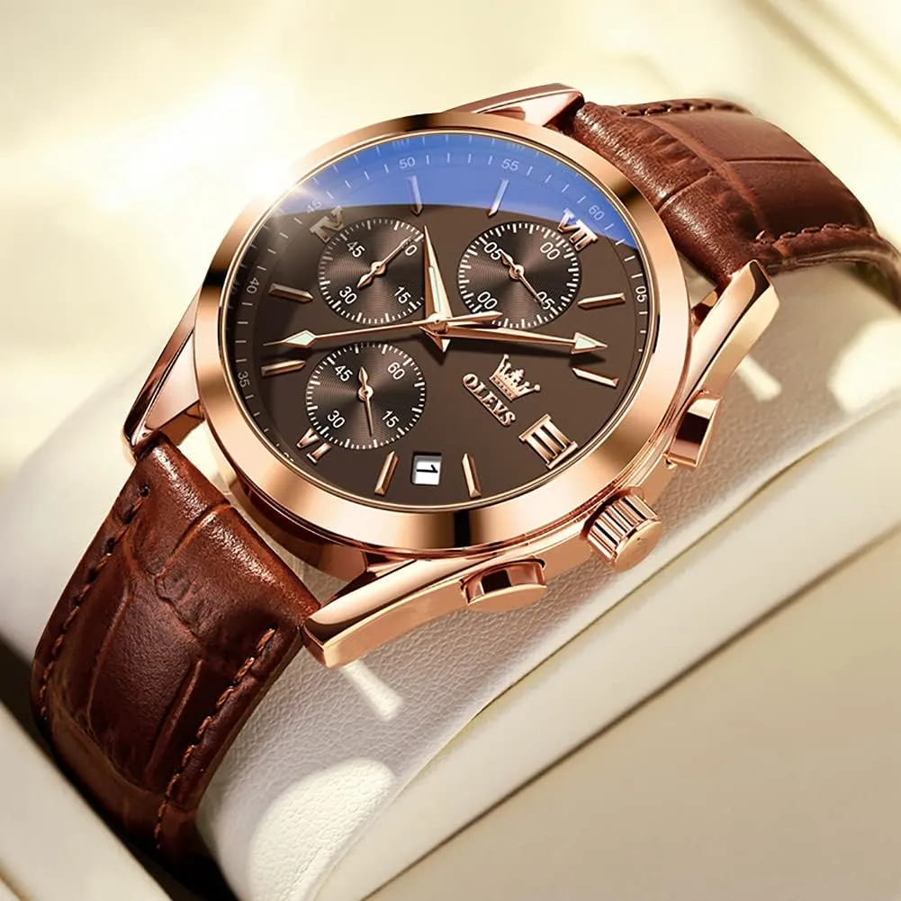 Casual Male Wrist Watches OLEVS Watches for Men Brown Leather Gold Case Analog Quartz Fashion Business Dress Watch proponent venom night extracurricular Day Date Luminous Waterproof 