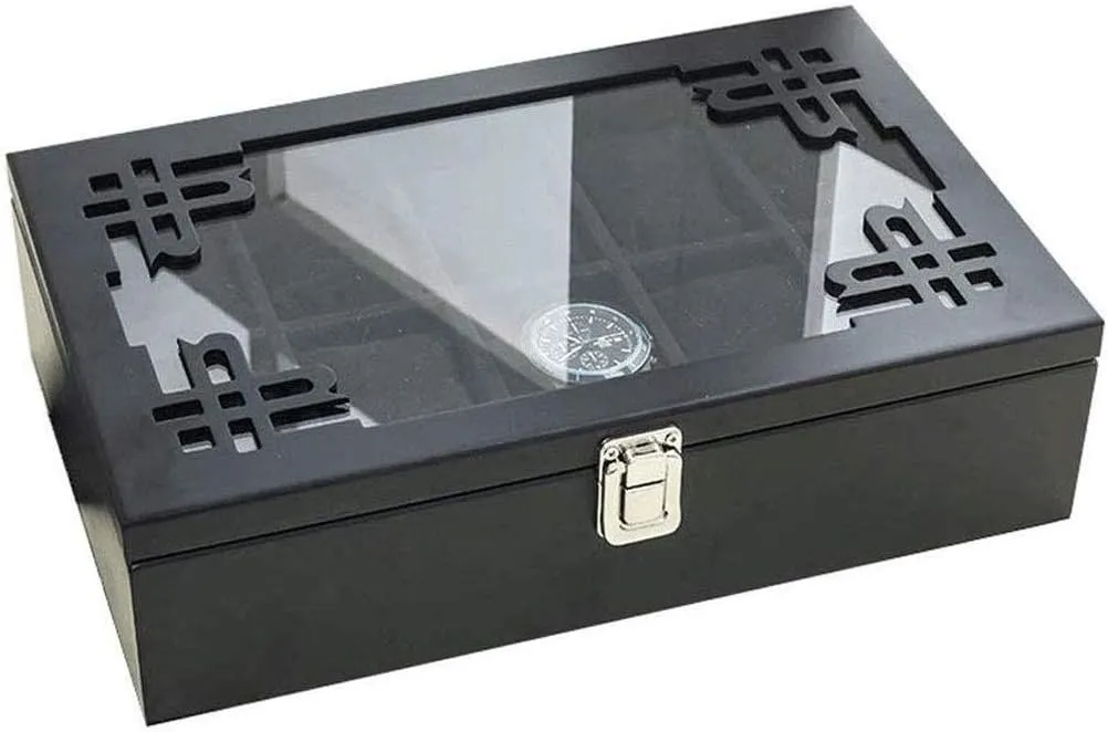 Chest with Glass Top Holds 10  Watches with Adjustable Soft Pillows and High Depth for Larger Watches/Brown (Black) Organizer incandescent awkwardly agree counsel Case Wood Watch Display Storage Case 