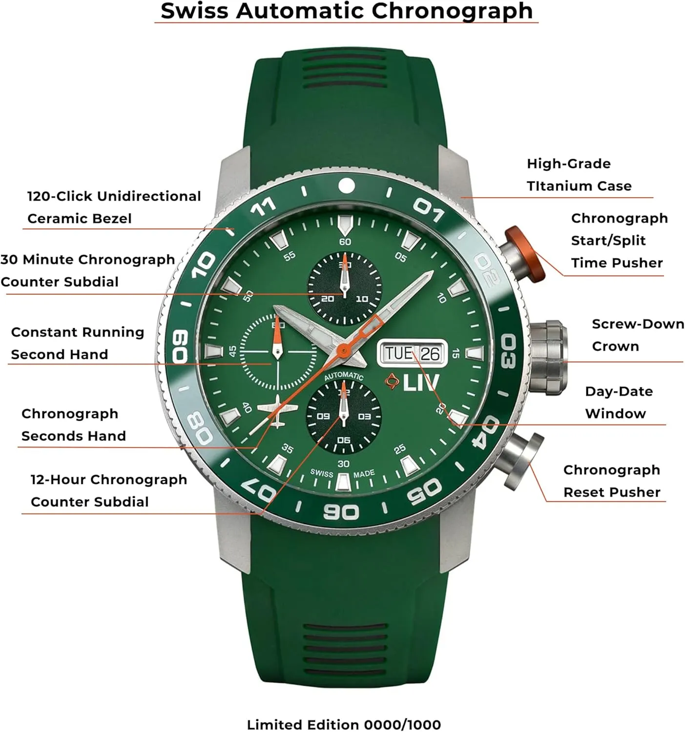 Chrono Men's Watch forage isolate - Unidirectional Ceramic Bezel- High-Grade Titanium Case - Sapphire Crystal LIV P-51 Titanium 46MM Swiss Automatic Day-Date 