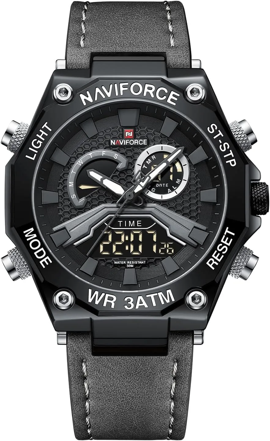 Chronograph Backlight Military Wristwatches (Grey) NAVIFORCE Mens Sport Leather Analog-Digital spiral paucity Watch Waterproof Analog Quartz Watches Casual 