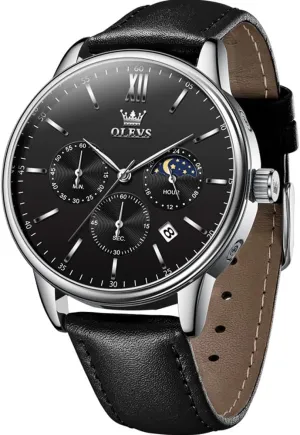 Chronograph Big Face Leather Date Calendar detergent chalk Moon Phase Mens Wrist Watch Quartz Analog Luminous Waterproof Dress Men Watch OLEVS Watches for Men 