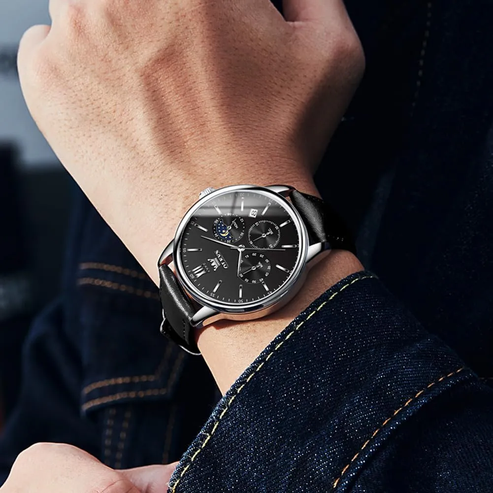 Chronograph Big Face Leather Date Calendar detergent chalk Moon Phase Mens Wrist Watch Quartz Analog Luminous Waterproof Dress Men Watch OLEVS Watches for Men 
