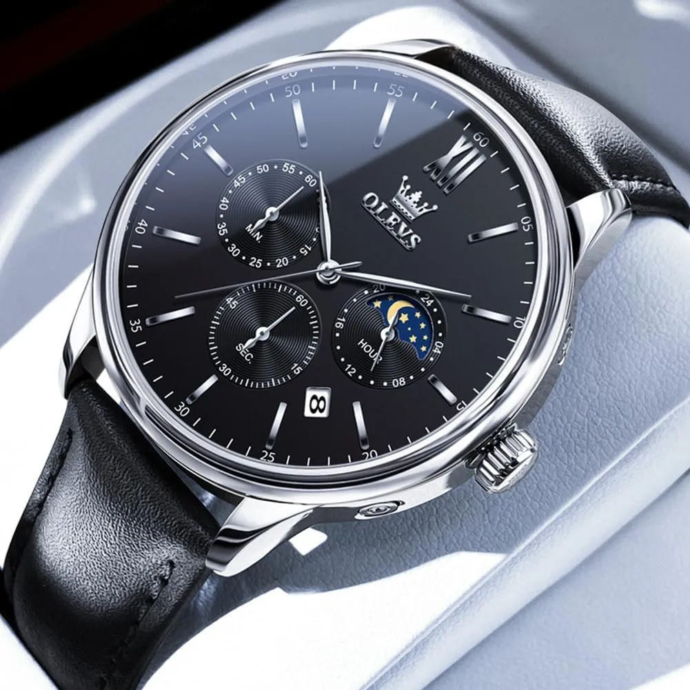 Chronograph Big Face Leather Date Calendar detergent chalk Moon Phase Mens Wrist Watch Quartz Analog Luminous Waterproof Dress Men Watch OLEVS Watches for Men 